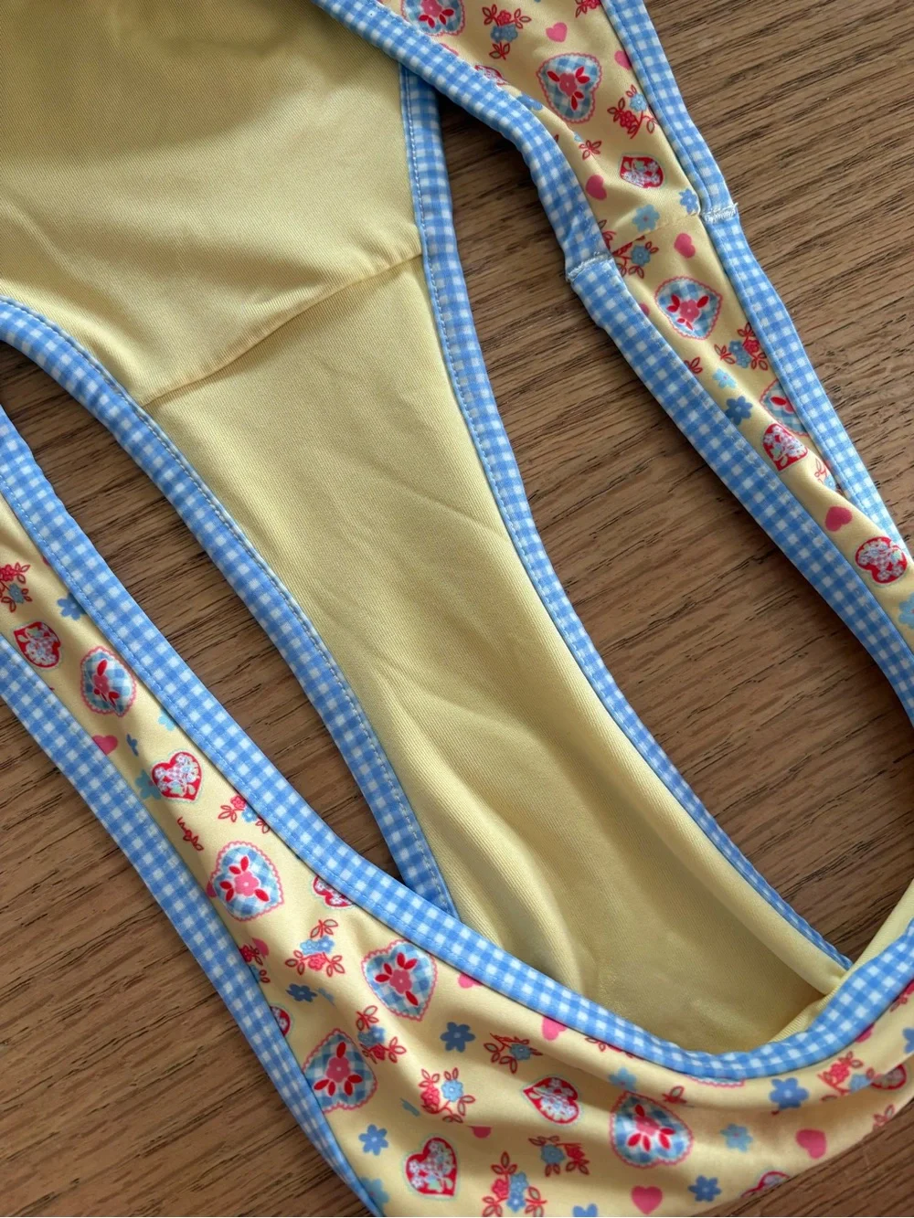 Frankie's Bikinis Yellow Floral Bikini with Blue Gingham Trim